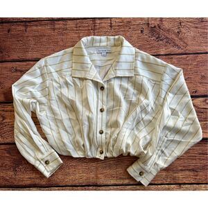 AND NOW THIS Women's White-Olive Striped Button-Down Elastic‎ Waist Top SZ S